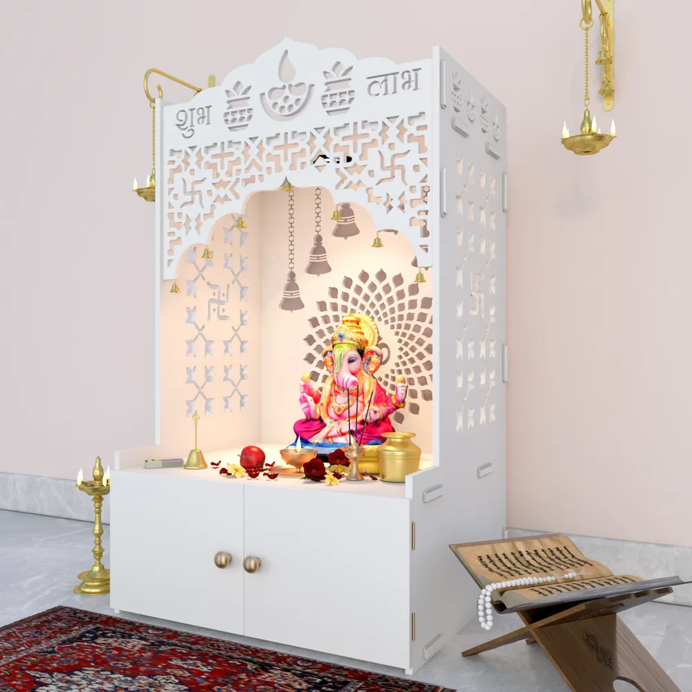 Divine Wooden Floor Temple with Spacious Shelf &amp; Inbuilt Focus Light- White