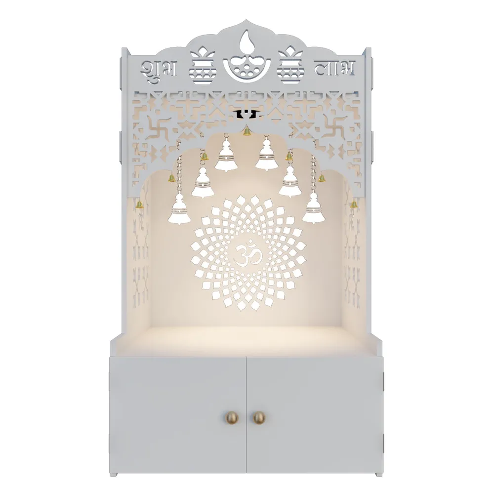Divine Wooden Floor Temple with Spacious Shelf &amp; Inbuilt Focus Light- White