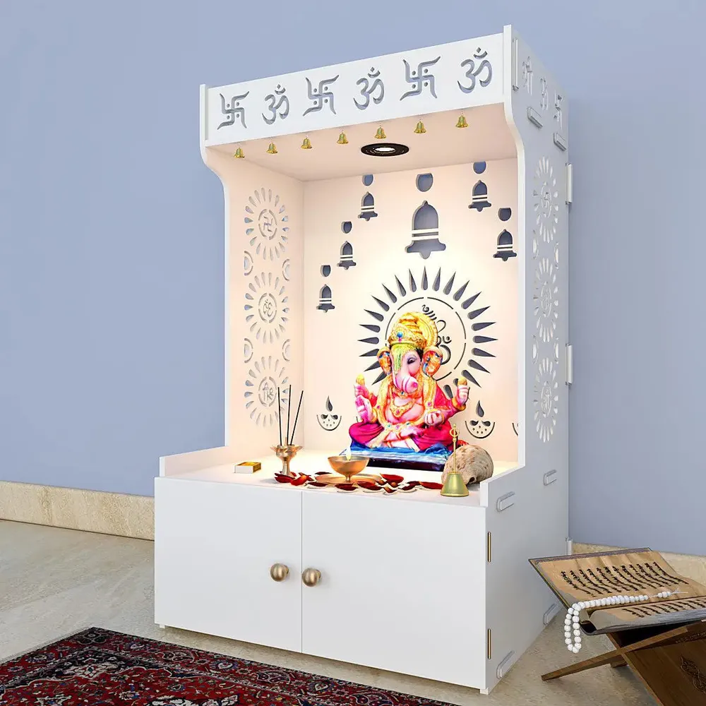 Divine Wooden White Home Temple With Spacious Shelf &amp; Inbuilt Focus Light