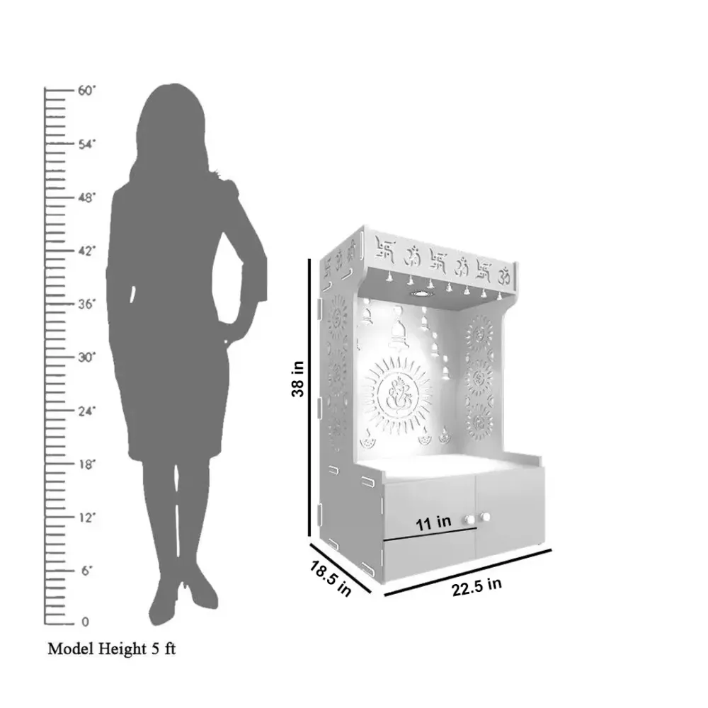 Divine Wooden White Home Temple With Spacious Shelf &amp; Inbuilt Focus Light