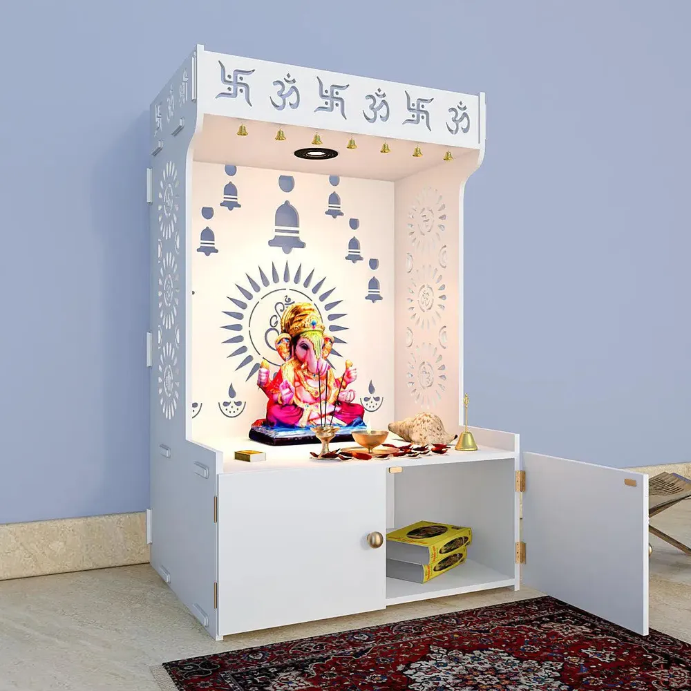 Divine Wooden White Home Temple With Spacious Shelf &amp; Inbuilt Focus Light