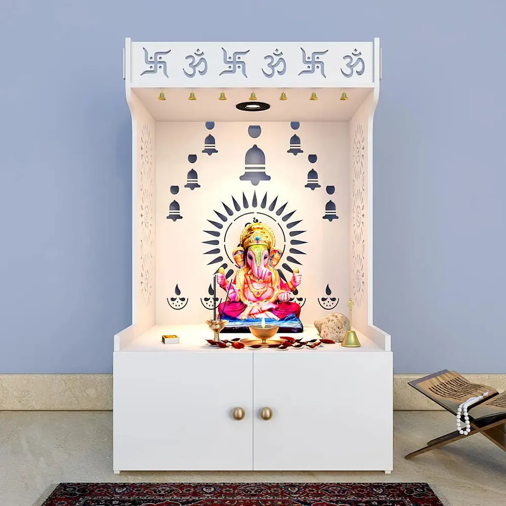 Divine Wooden White Home Temple With Spacious Shelf &amp; Inbuilt Focus Light