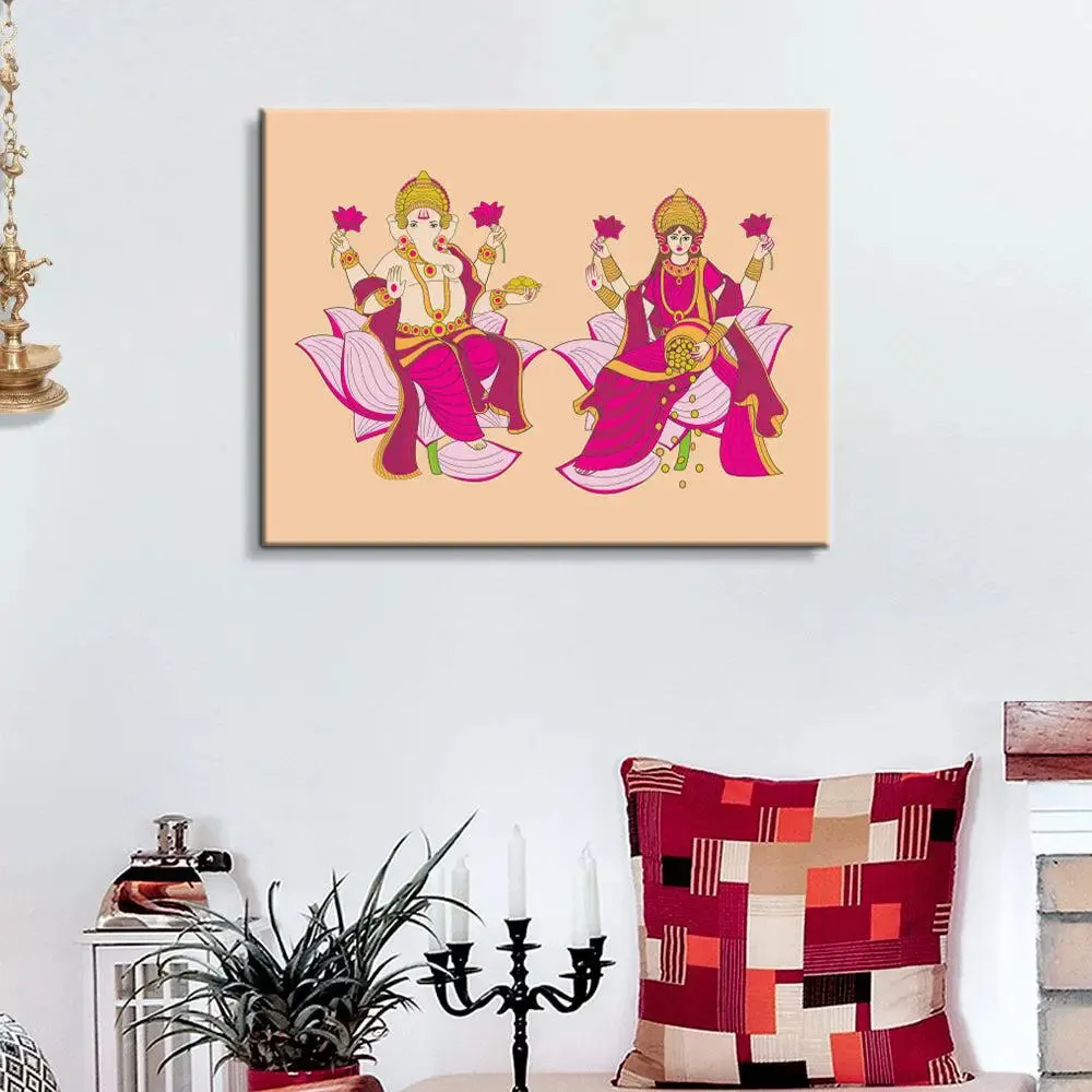 DIY Laxmi &amp; Ganesh Florescent Pink Canvas Painting