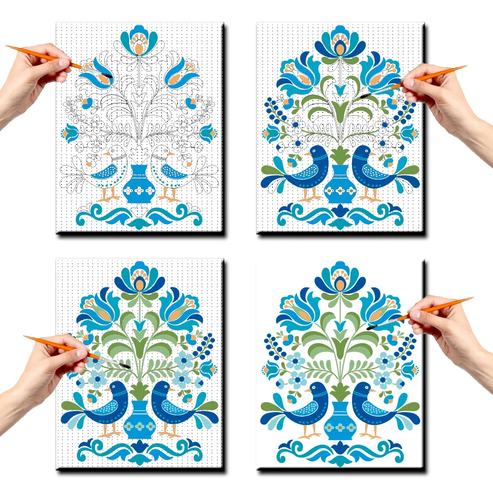 DIY Traditional Patterned Blue Birds Canvas Painting