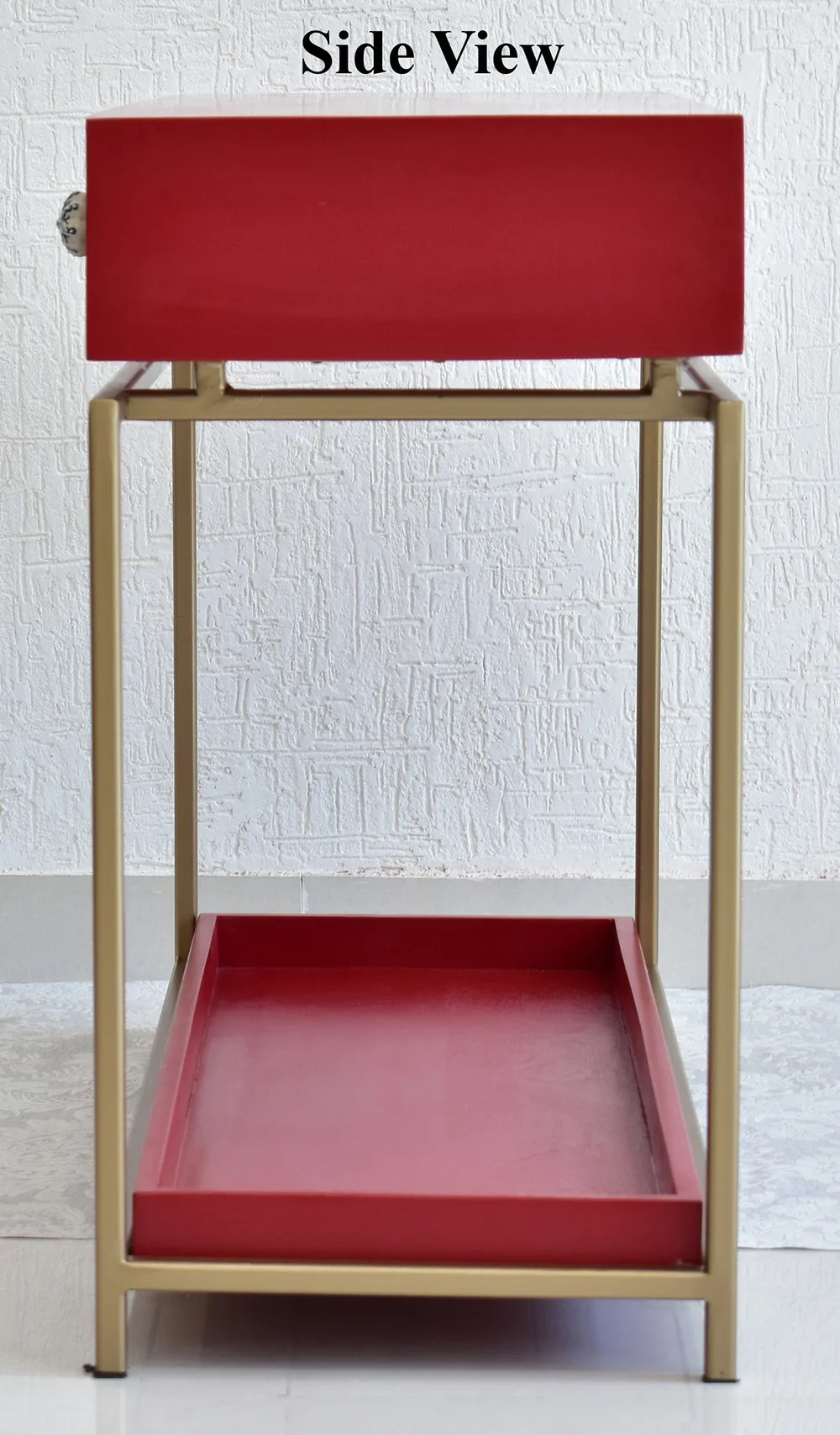 Double Drawer With Tray Solid Wood Red Console Table With Golden Iron Frame Red