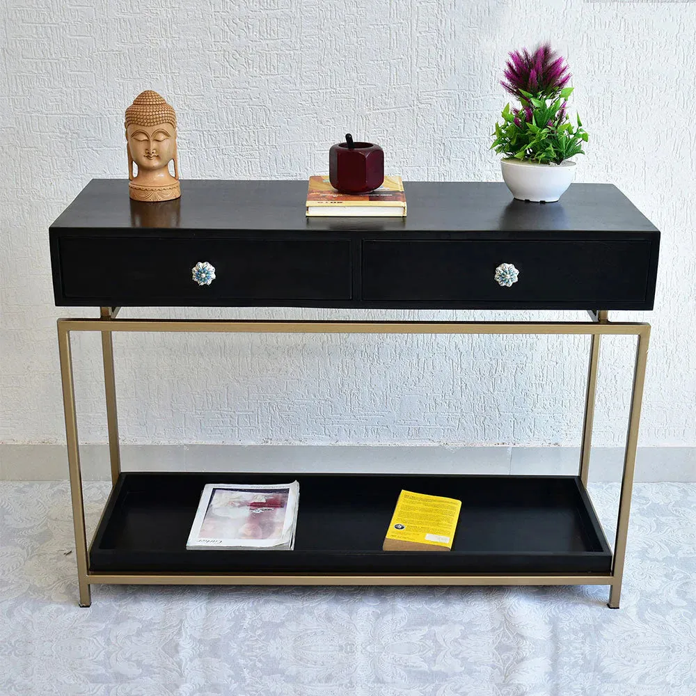 Double Drawer With Tray Solid Wood Red Console Table With Golden Iron Frame Red