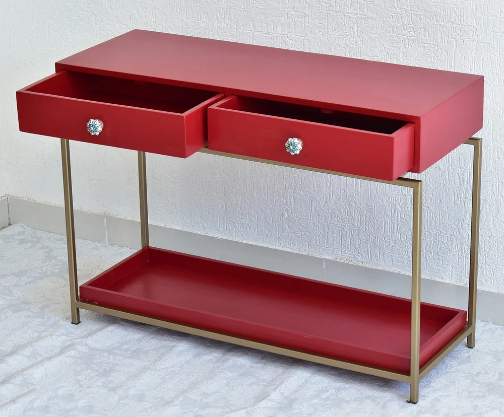 Double Drawer With Tray Solid Wood Red Console Table With Golden Iron Frame Red