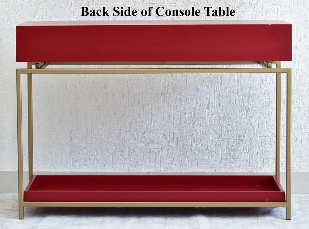Double Drawer With Tray Solid Wood Red Console Table With Golden Iron Frame Red
