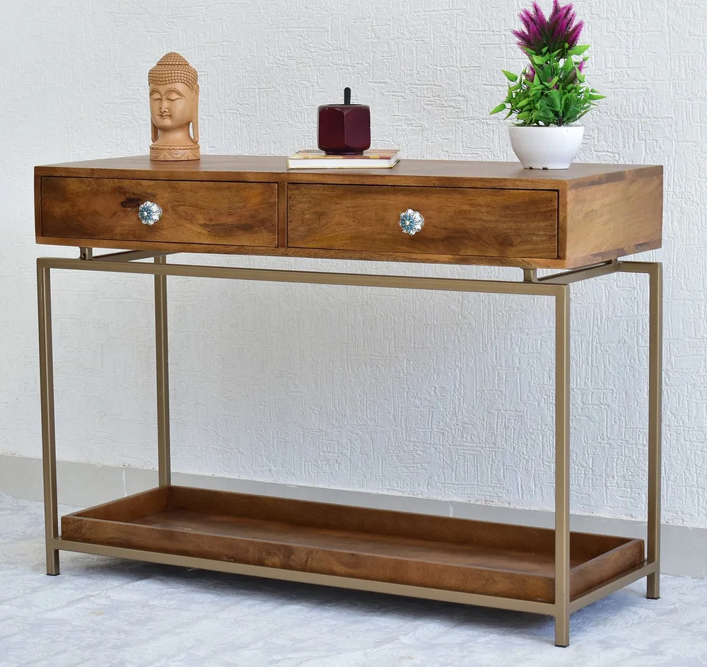 Double Drawer With Tray Solid Wood Red Console Table With Golden Iron Frame Red