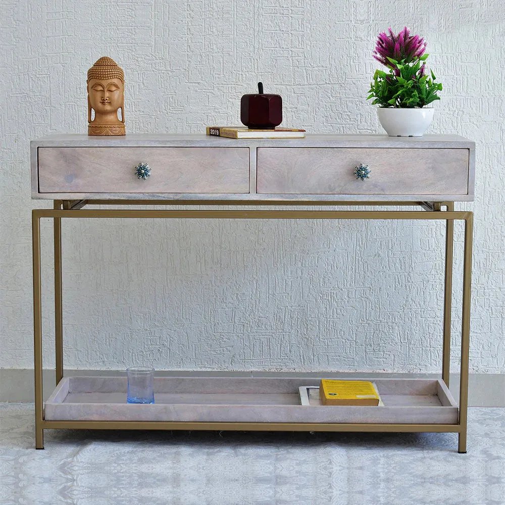 Double Drawer With Tray Solid Wood Red Console Table With Golden Iron Frame Red