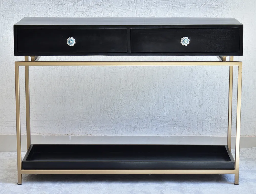 Double Drawer With Tray Solid Wood Red Console Table With Golden Iron Frame Red