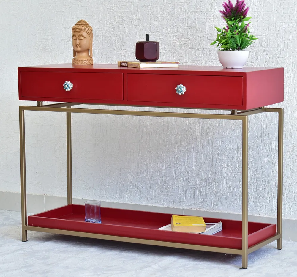 Double Drawer With Tray Solid Wood Red Console Table With Golden Iron Frame Red