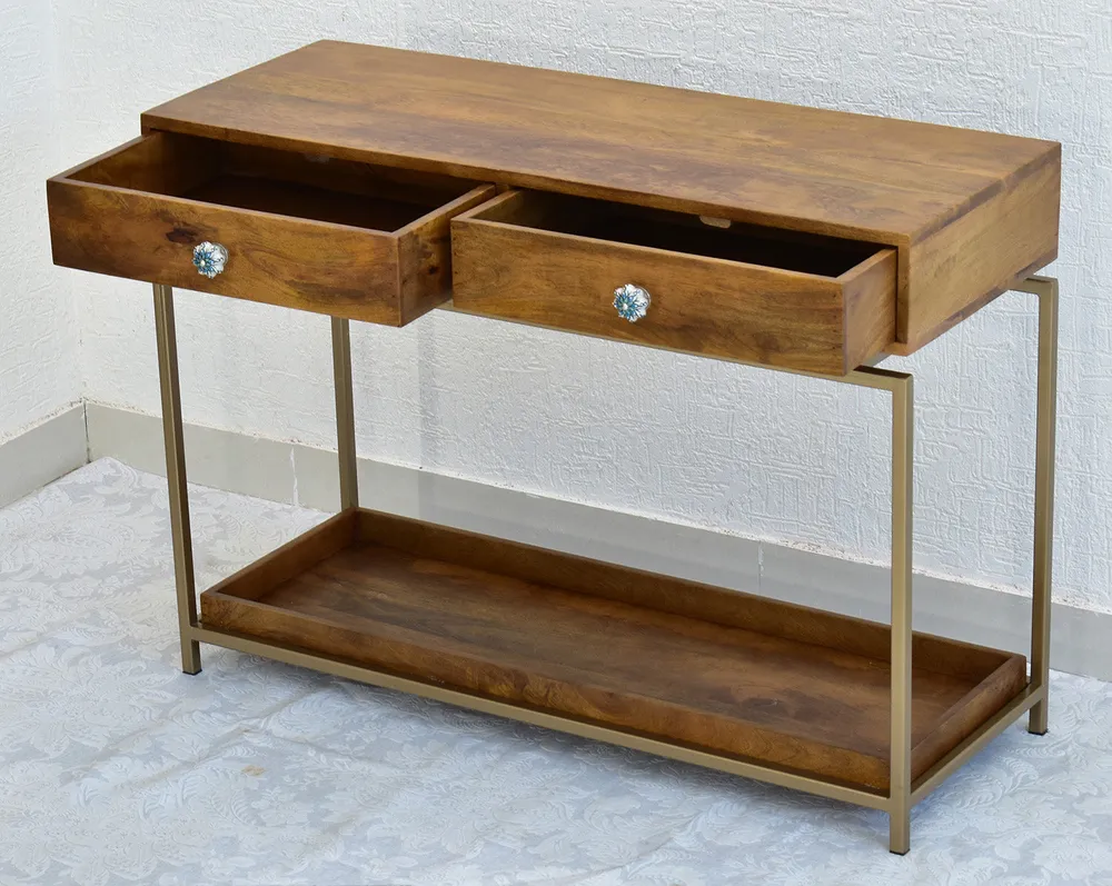 Double Drawer With Tray Solid Wood Red Console Table With Golden Iron Frame Red
