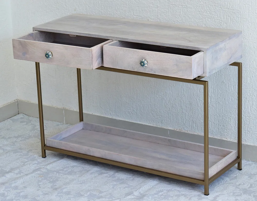 Double Drawer With Tray Solid Wood Red Console Table With Golden Iron Frame Red