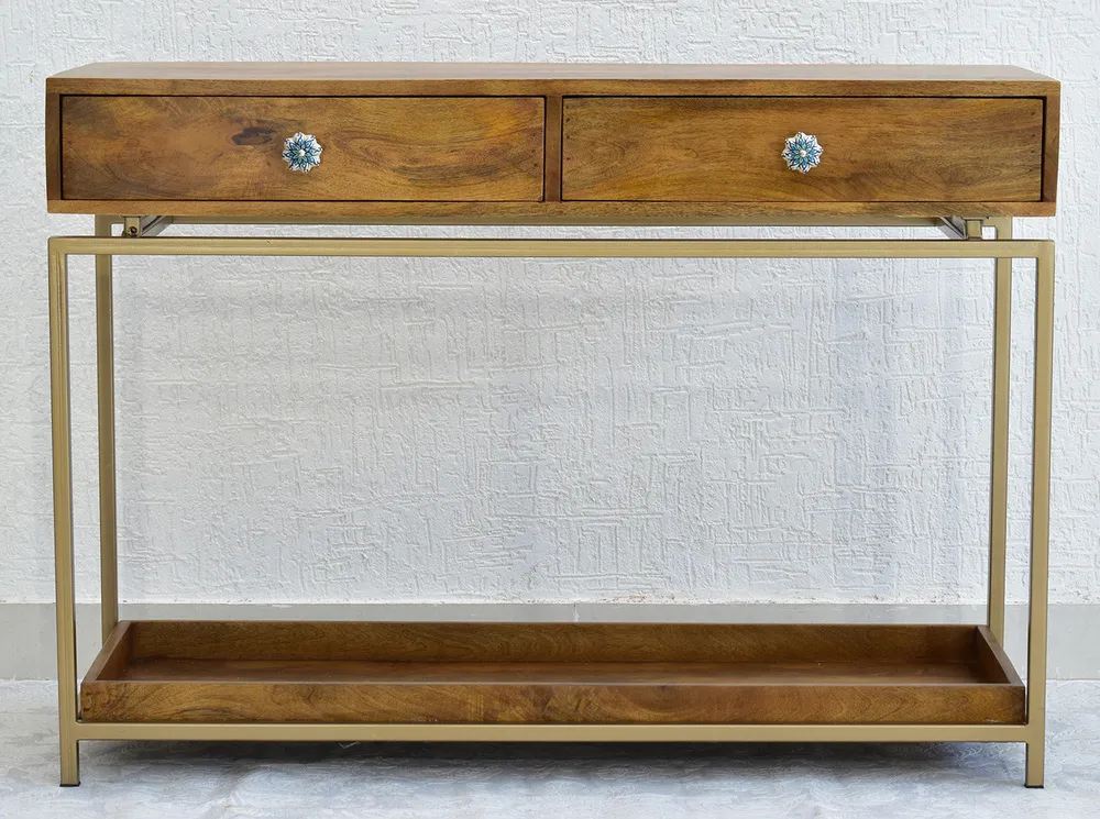 Double Drawer With Tray Solid Wood Red Console Table With Golden Iron Frame Red