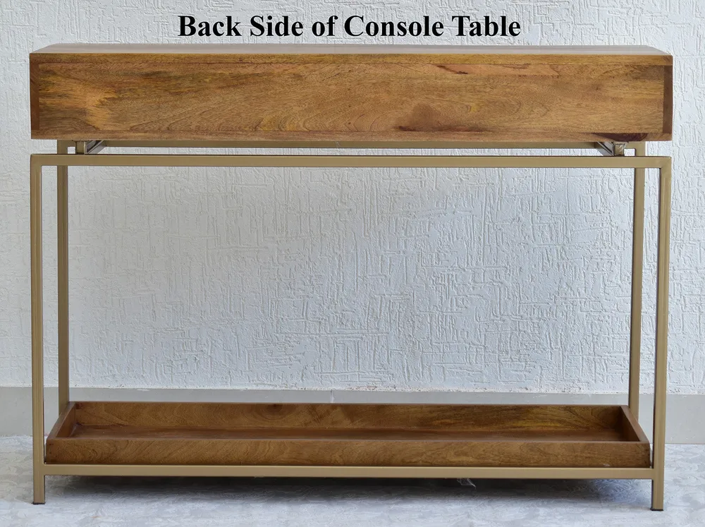 Double Drawer With Tray Solid Wood Red Console Table With Golden Iron Frame Red