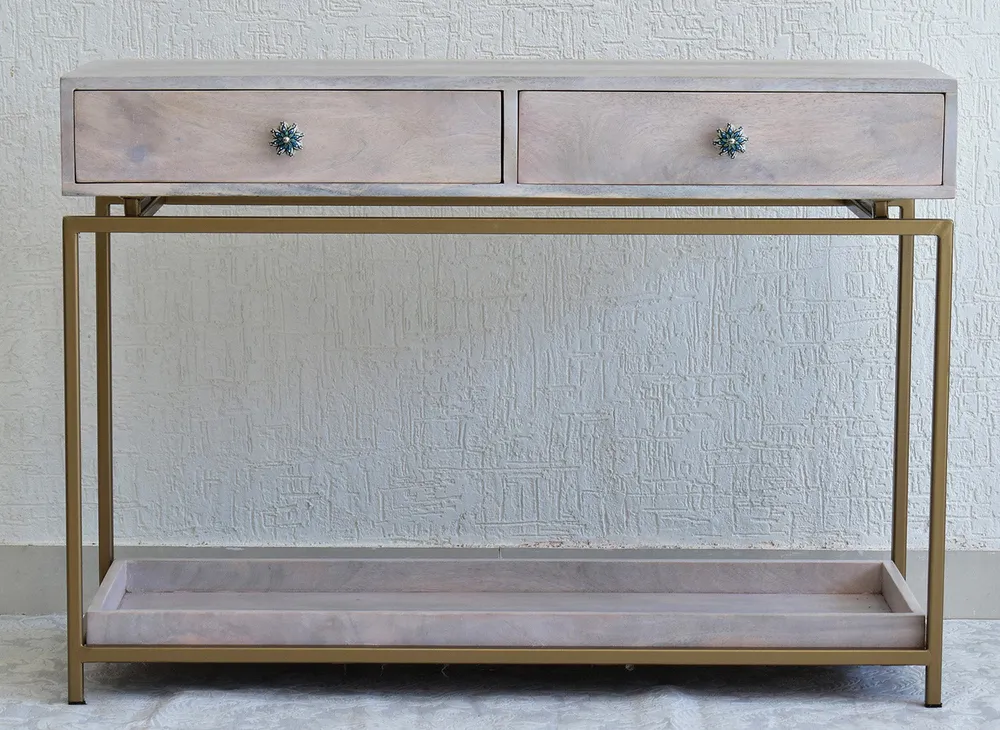 Double Drawer With Tray Solid Wood Red Console Table With Golden Iron Frame Red