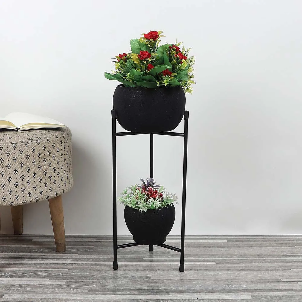 Double Layer Black Metal Planter With Stand