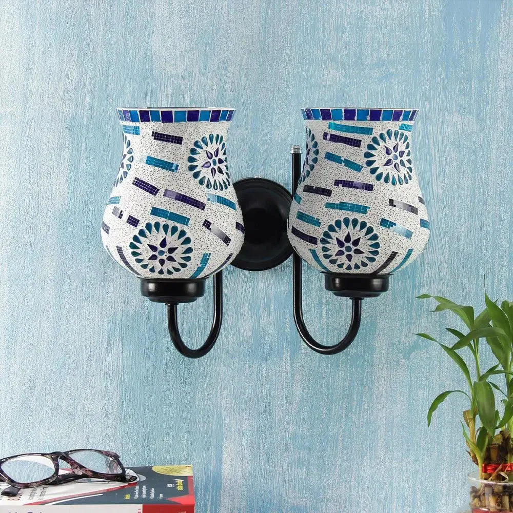 Double Multicolor Blue Toned Mosaic Wall Lamp Single Piece