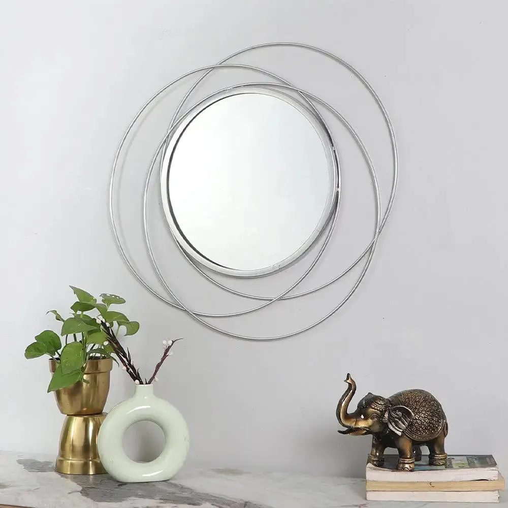 Double Wired Round Wall Mirror for Living Room (Silver)