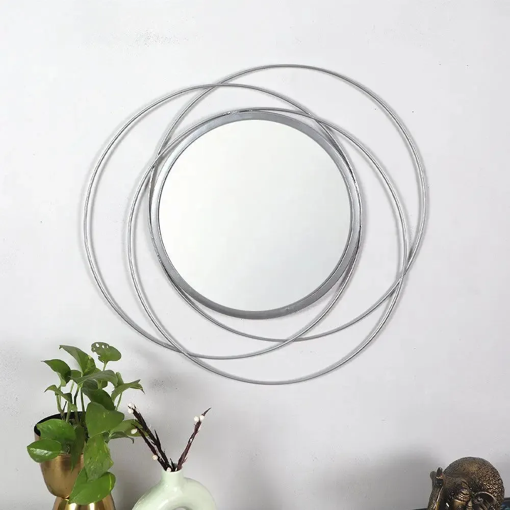 Double Wired Round Wall Mirror for Living Room (Silver)