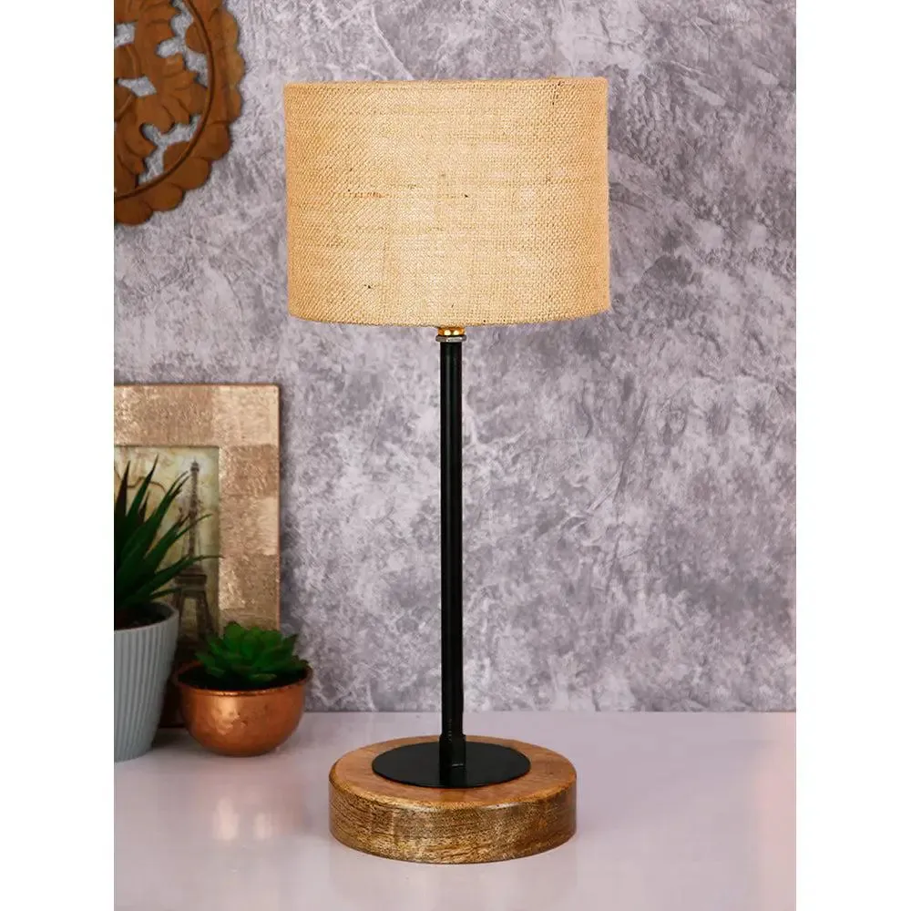 Drum Beige Jute Shade Table Lamp with Wood & Iron Base