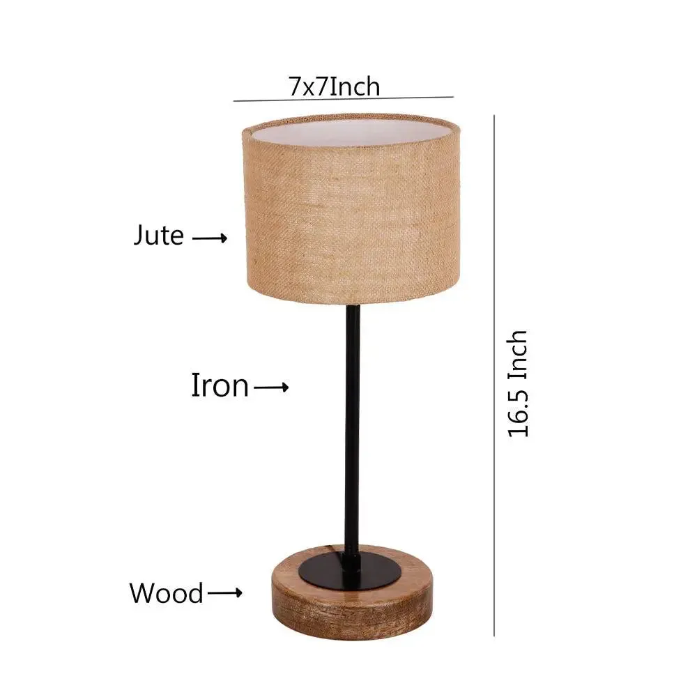 Drum Beige Jute Shade Table Lamp with Wood & Iron Base