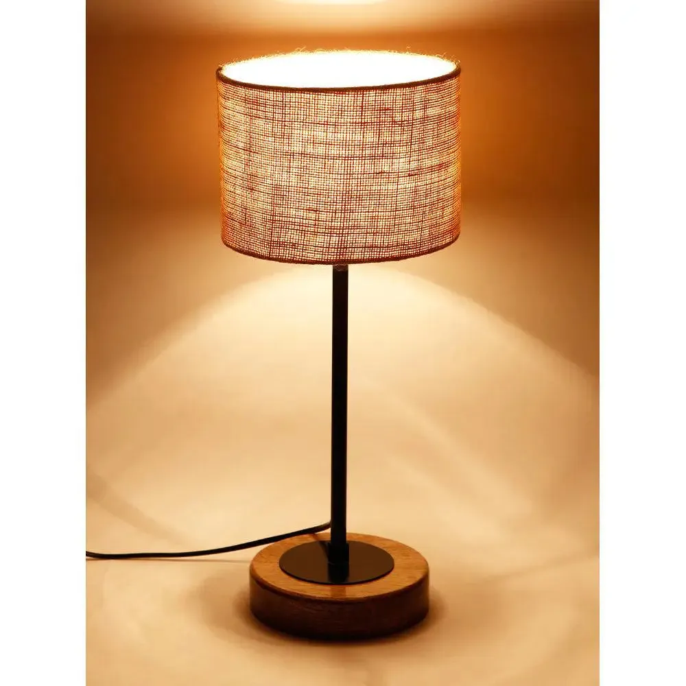 Drum Beige Jute Shade Table Lamp with Wood & Iron Base