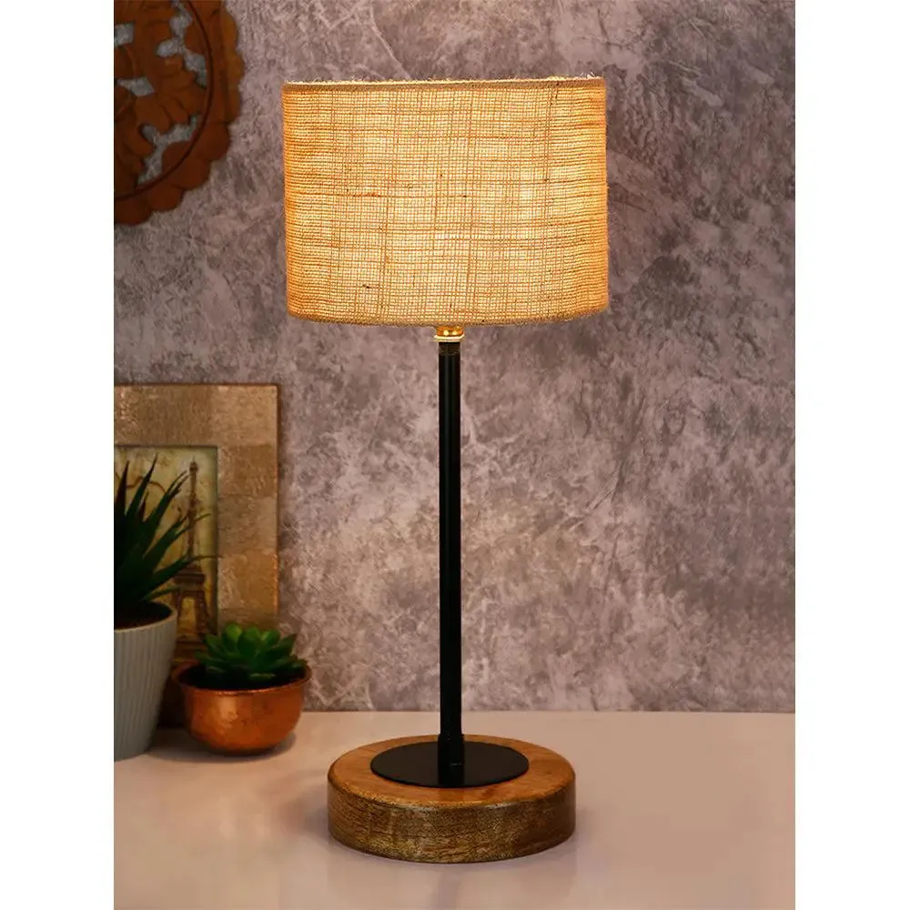 Drum Beige Jute Shade Table Lamp with Wood & Iron Base