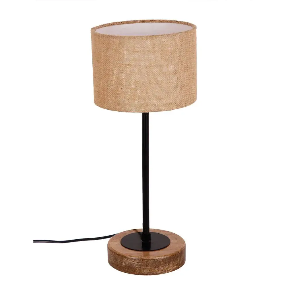 Drum Beige Jute Shade Table Lamp with Wood & Iron Base
