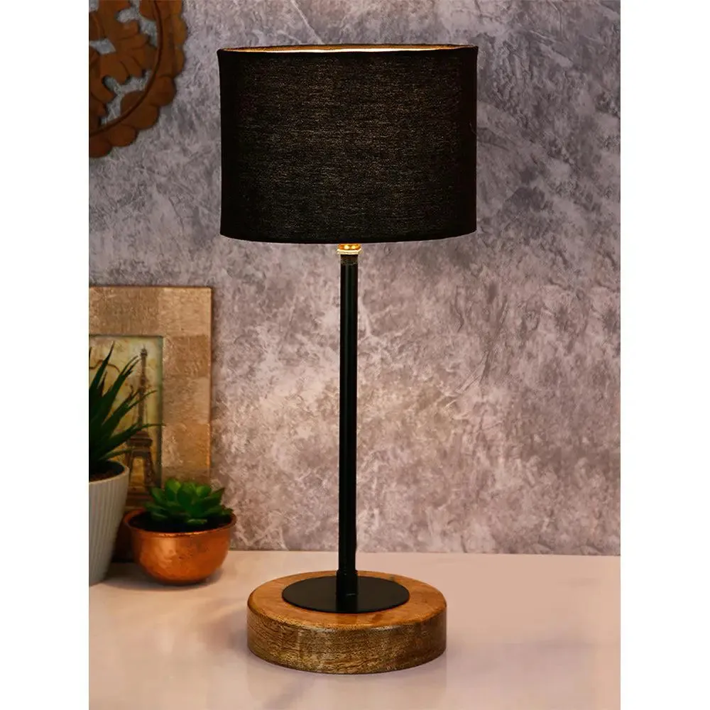 Drum Black Cotton Shade Table Lamp with Wood & Iron Base