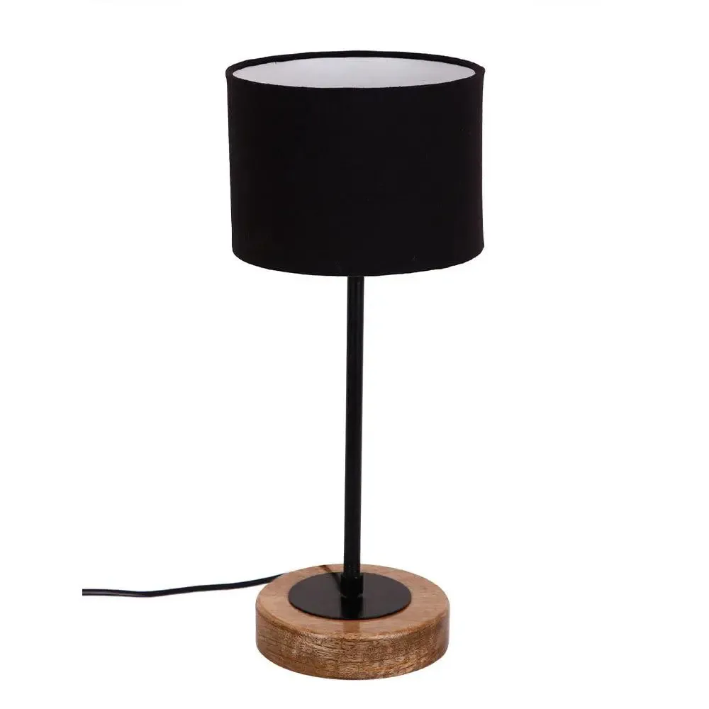 Drum Black Cotton Shade Table Lamp with Wood & Iron Base
