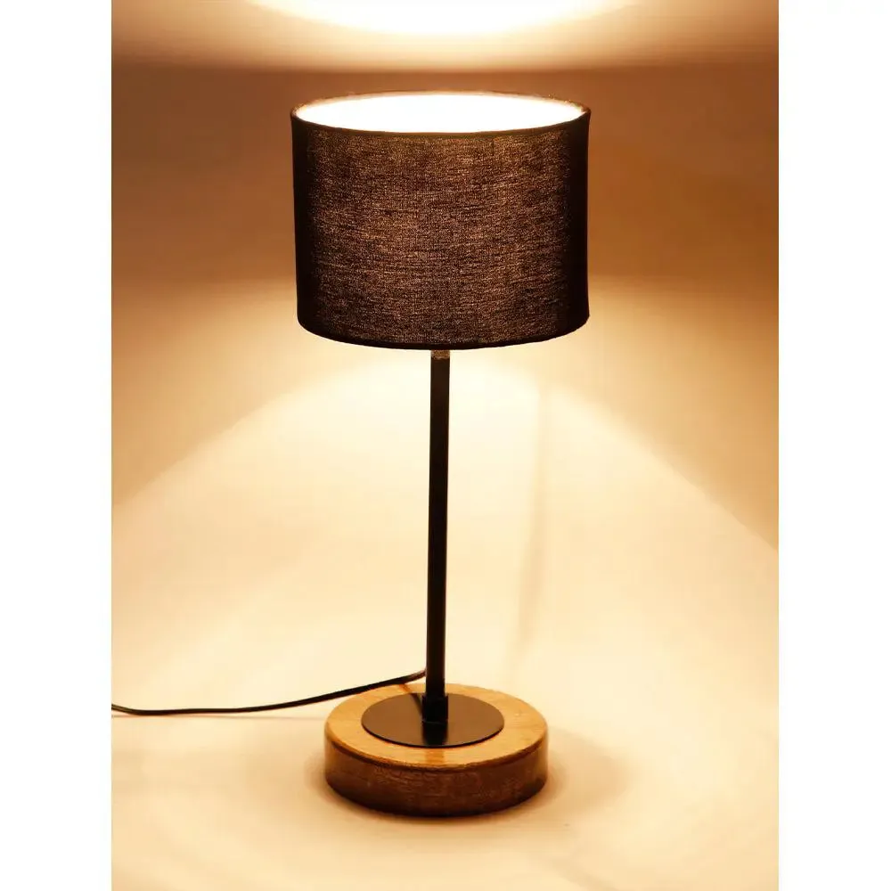 Drum Black Cotton Shade Table Lamp with Wood & Iron Base