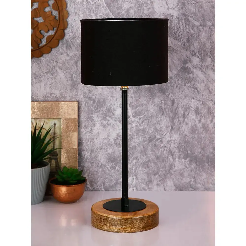 Drum Black Cotton Shade Table Lamp with Wood & Iron Base