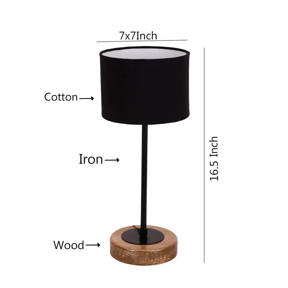 Drum Black Cotton Shade Table Lamp with Wood & Iron Base