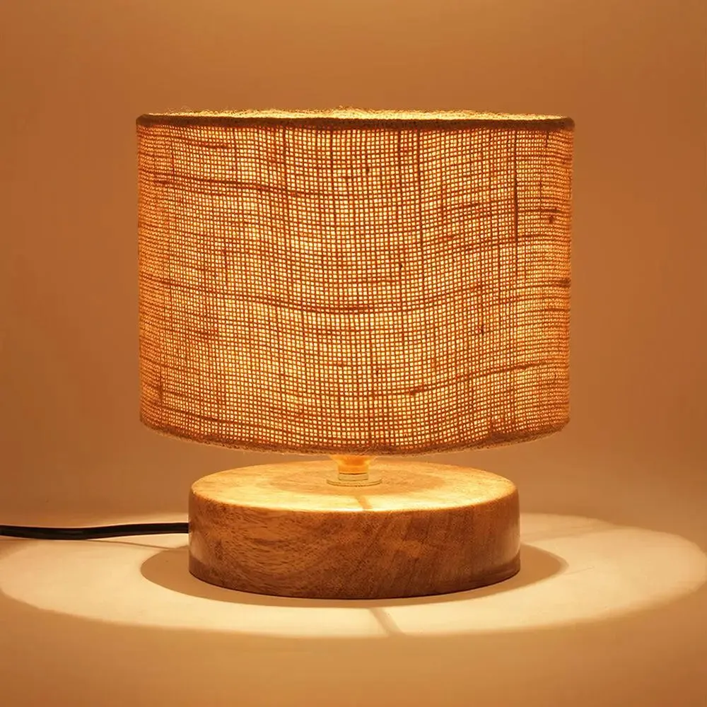 Drum Designer Beige Jute Shade Table Lamp with Wood Base