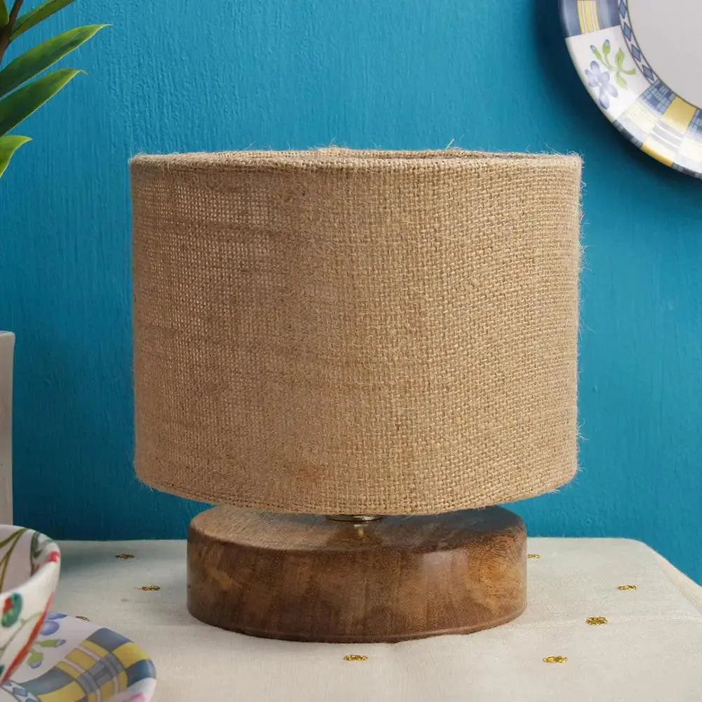 Drum Designer Beige Jute Shade Table Lamp with Wood Base