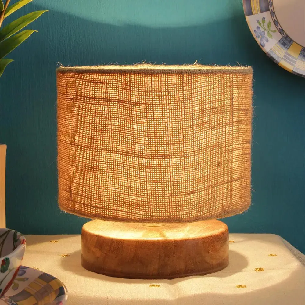 Drum Designer Beige Jute Shade Table Lamp with Wood Base