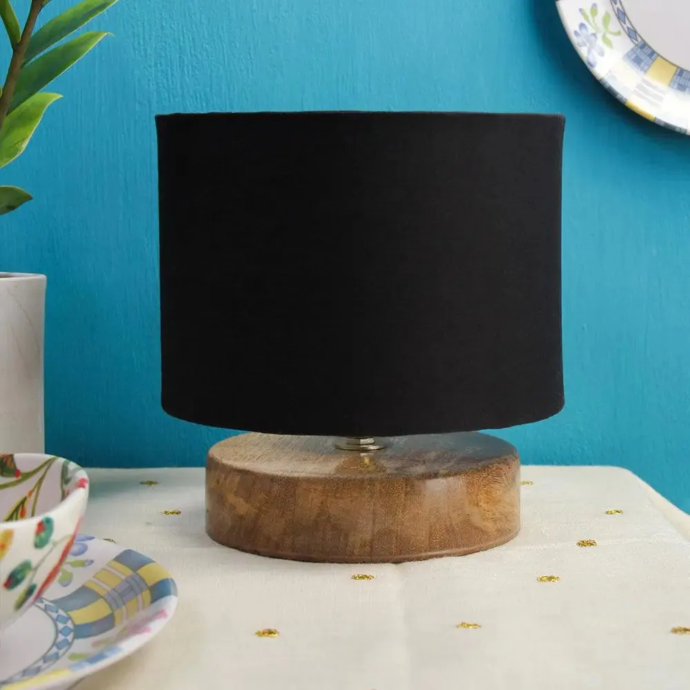 Drum Designer Black Cotton Shade Table Lamp with Wood Base
