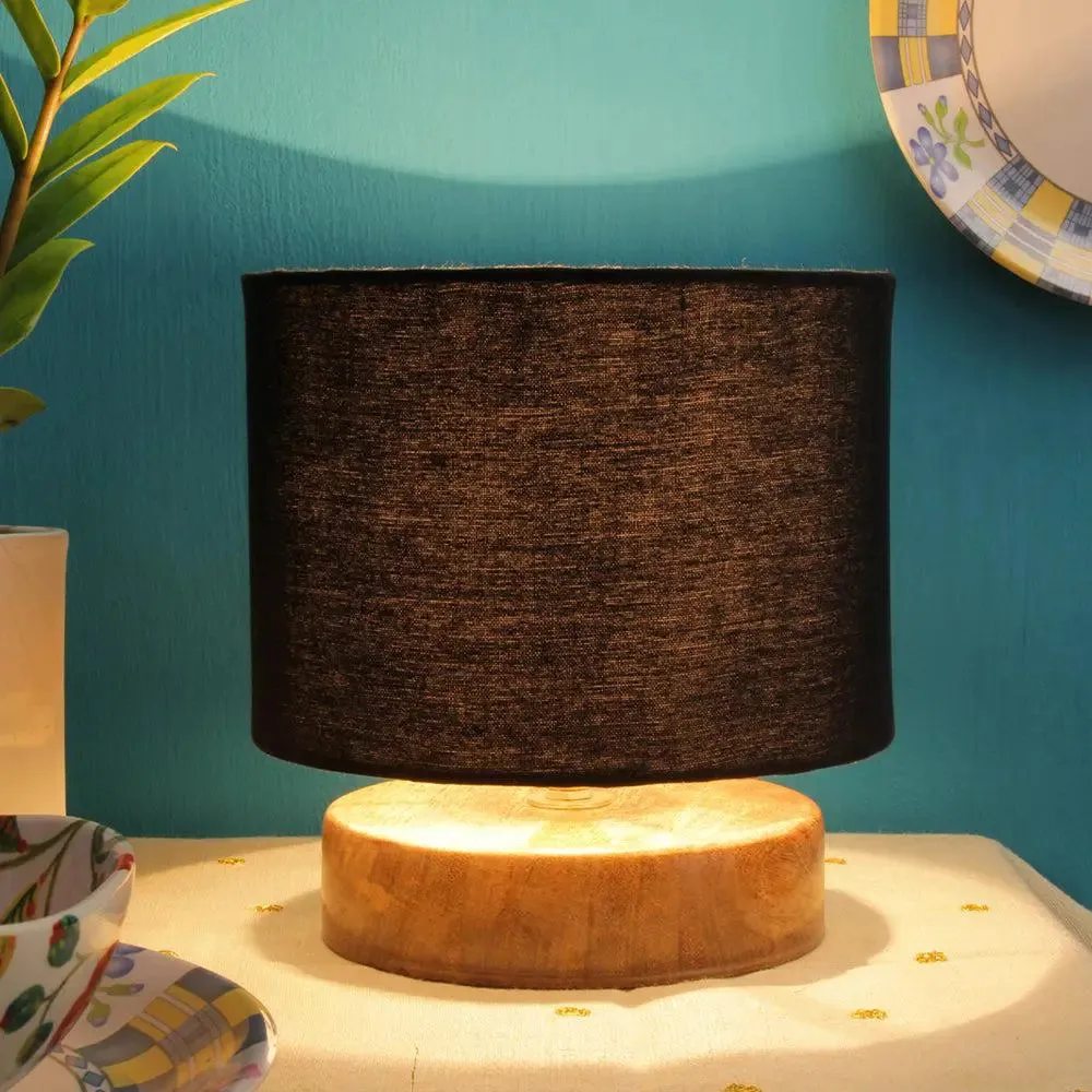 Drum Designer Black Cotton Shade Table Lamp with Wood Base