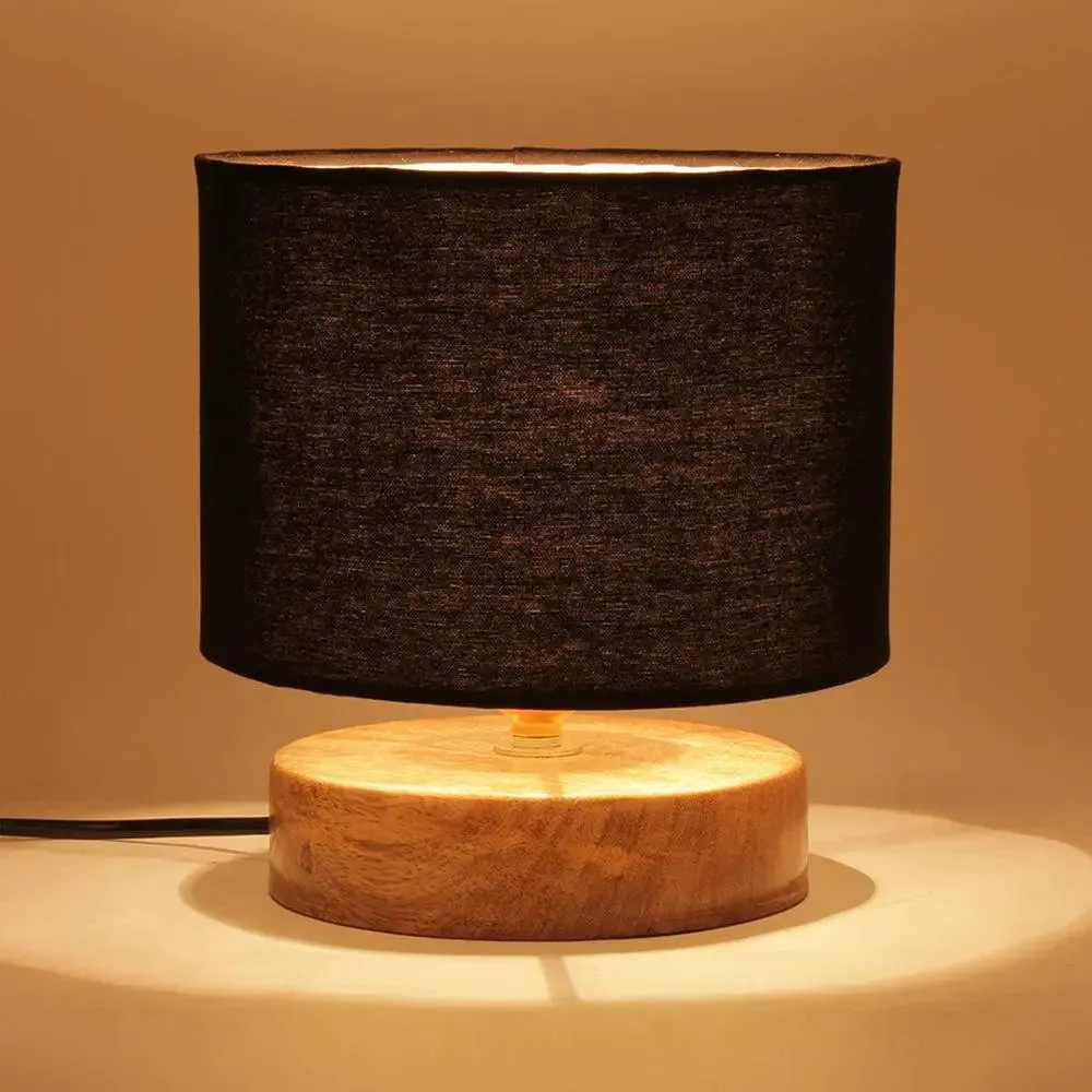 Drum Designer Black Cotton Shade Table Lamp with Wood Base