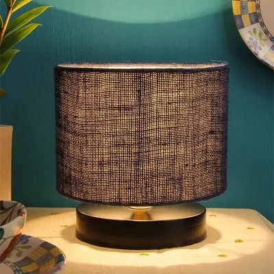 Drum Designer Blue Jute Shade Table Lamp with Black Base