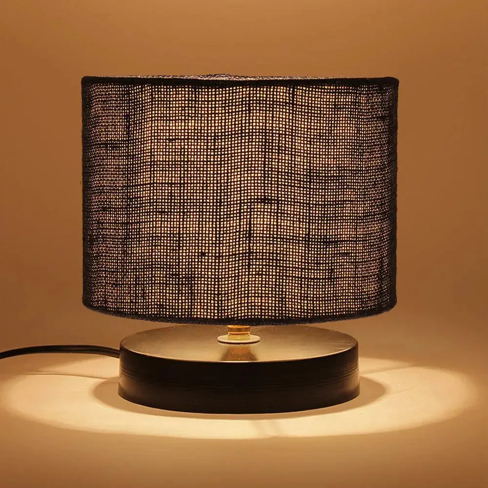 Drum Designer Blue Jute Shade Table Lamp with Black Base