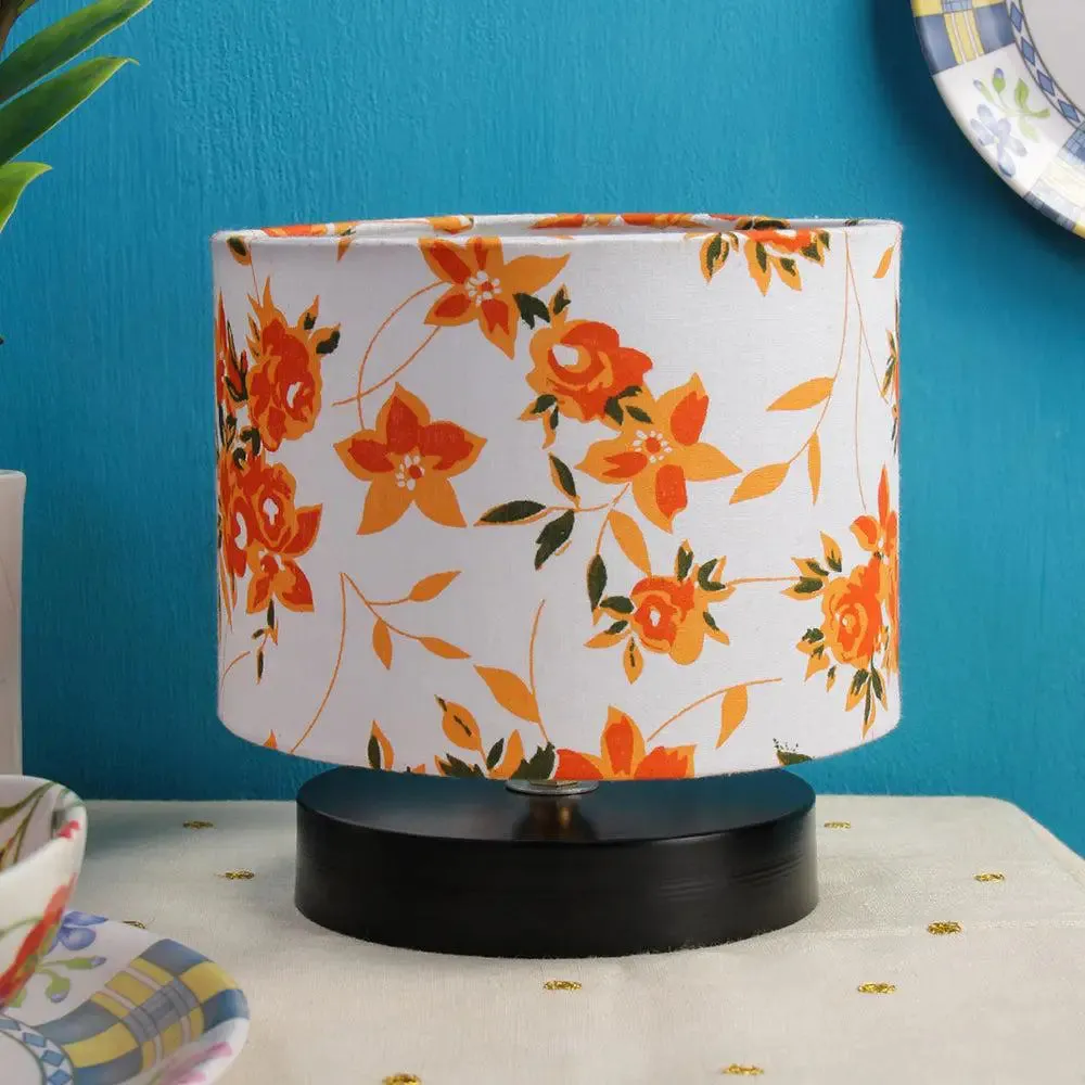 Drum Designer Floral Print Cotton Shade Table Lamp with Black Base Single Piece