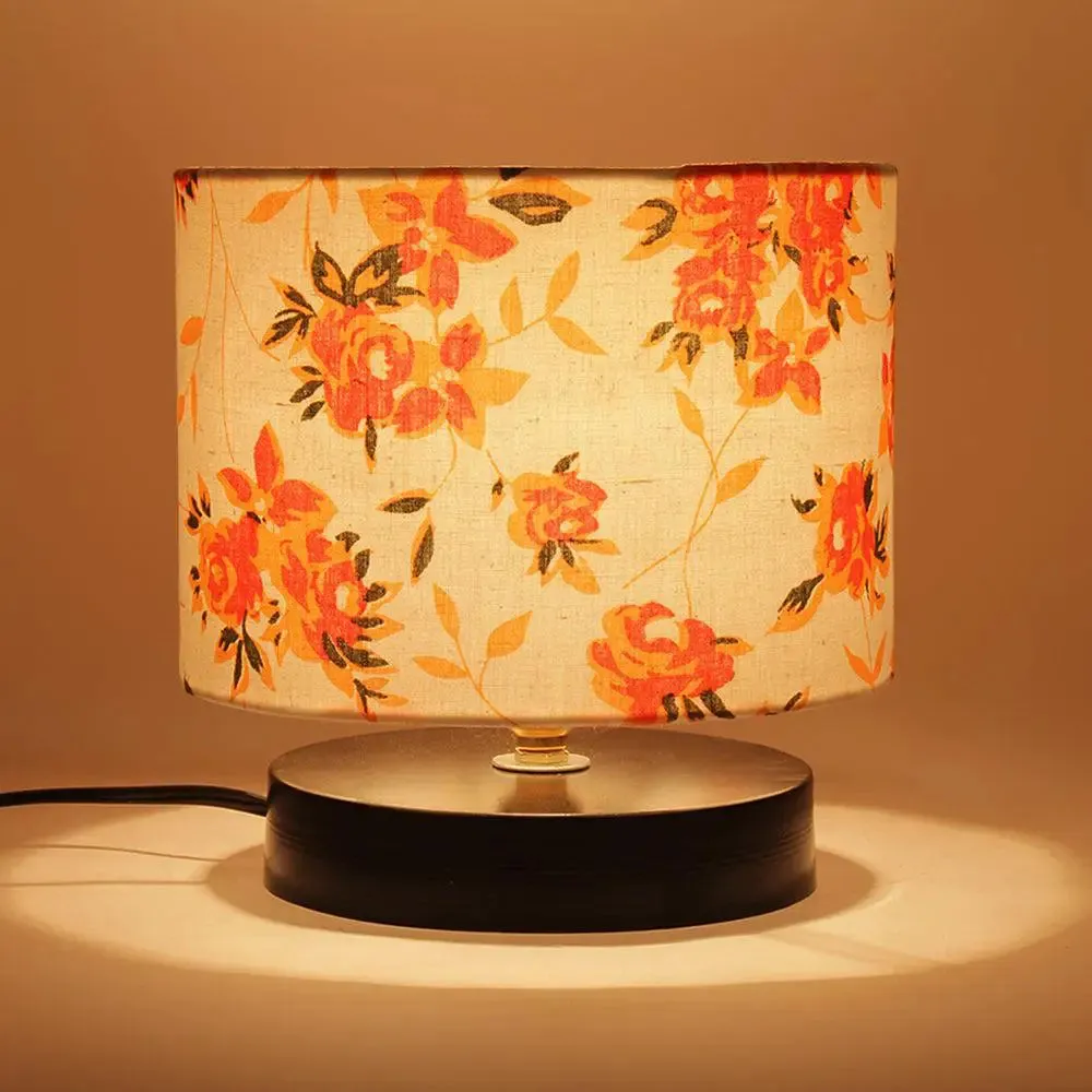 Drum Designer Floral Print Cotton Shade Table Lamp with Black Base Single Piece