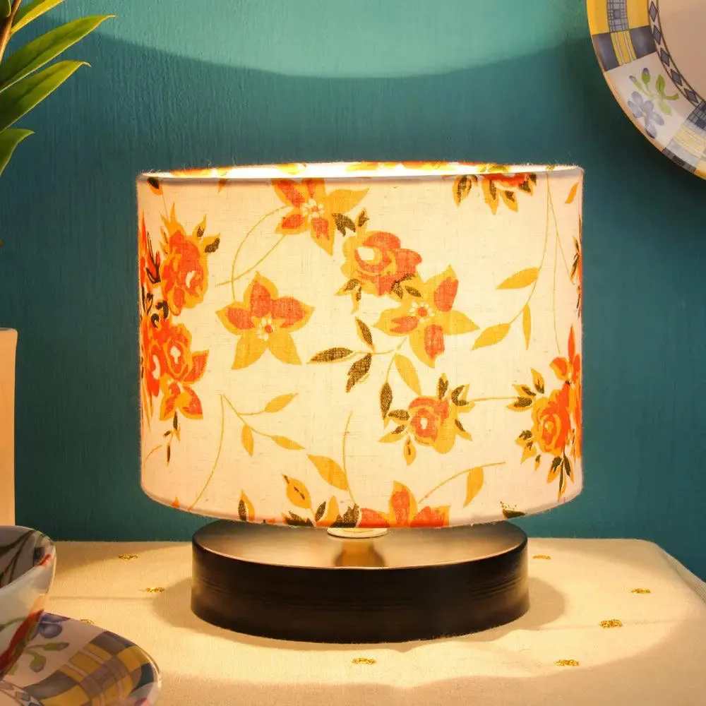 Drum Designer Floral Print Cotton Shade Table Lamp with Black Base Single Piece