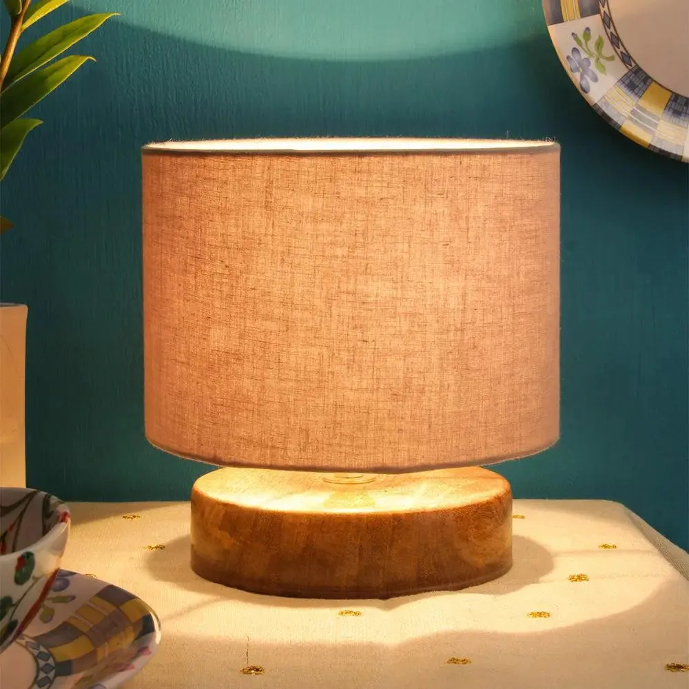 Drum Designer Grey Cotton Shade Table Lamp with Wood Base