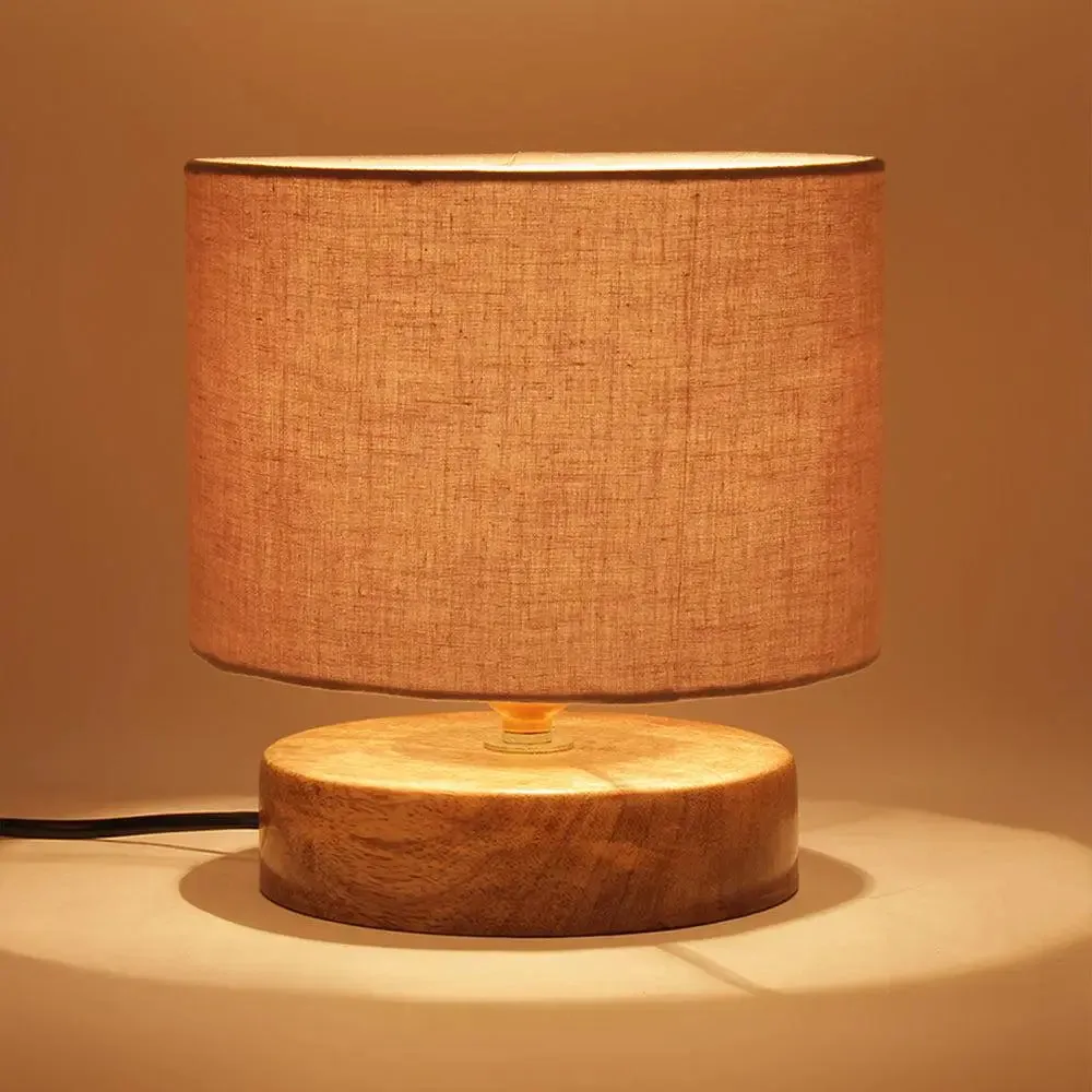 Drum Designer Grey Cotton Shade Table Lamp with Wood Base
