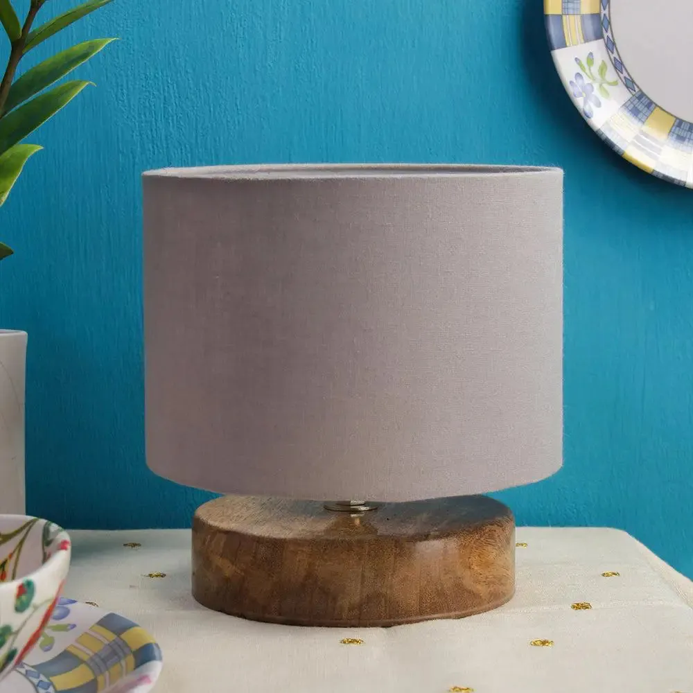 Drum Designer Grey Cotton Shade Table Lamp with Wood Base