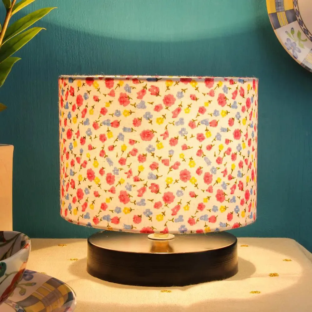 Drum Designer Multicolor Printed Cotton Shade Table Lamp with Black Base